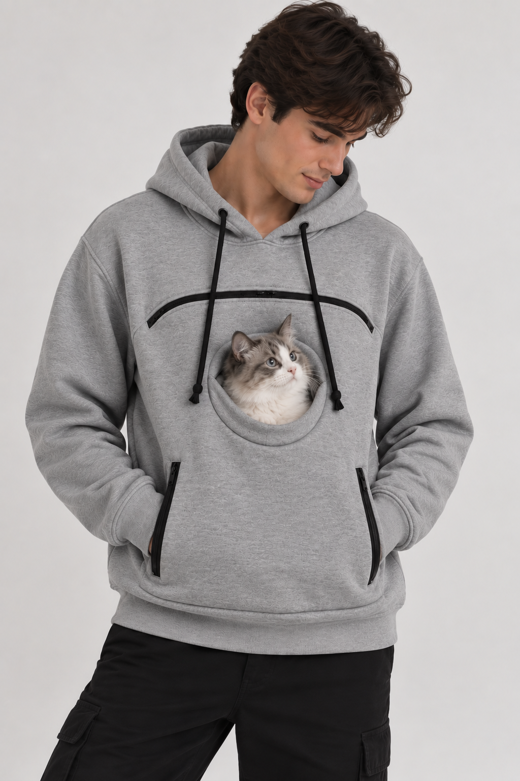 Polerón Kangu Pets gris melange con un gato en el bolsillo frontal.